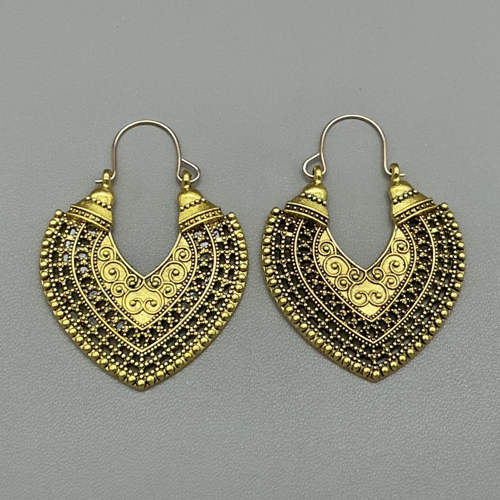 Earrings Women Gold Tone Filigree Boho‎ Ethnic Tribal Drop Dangle Hoop 1.75 Inch